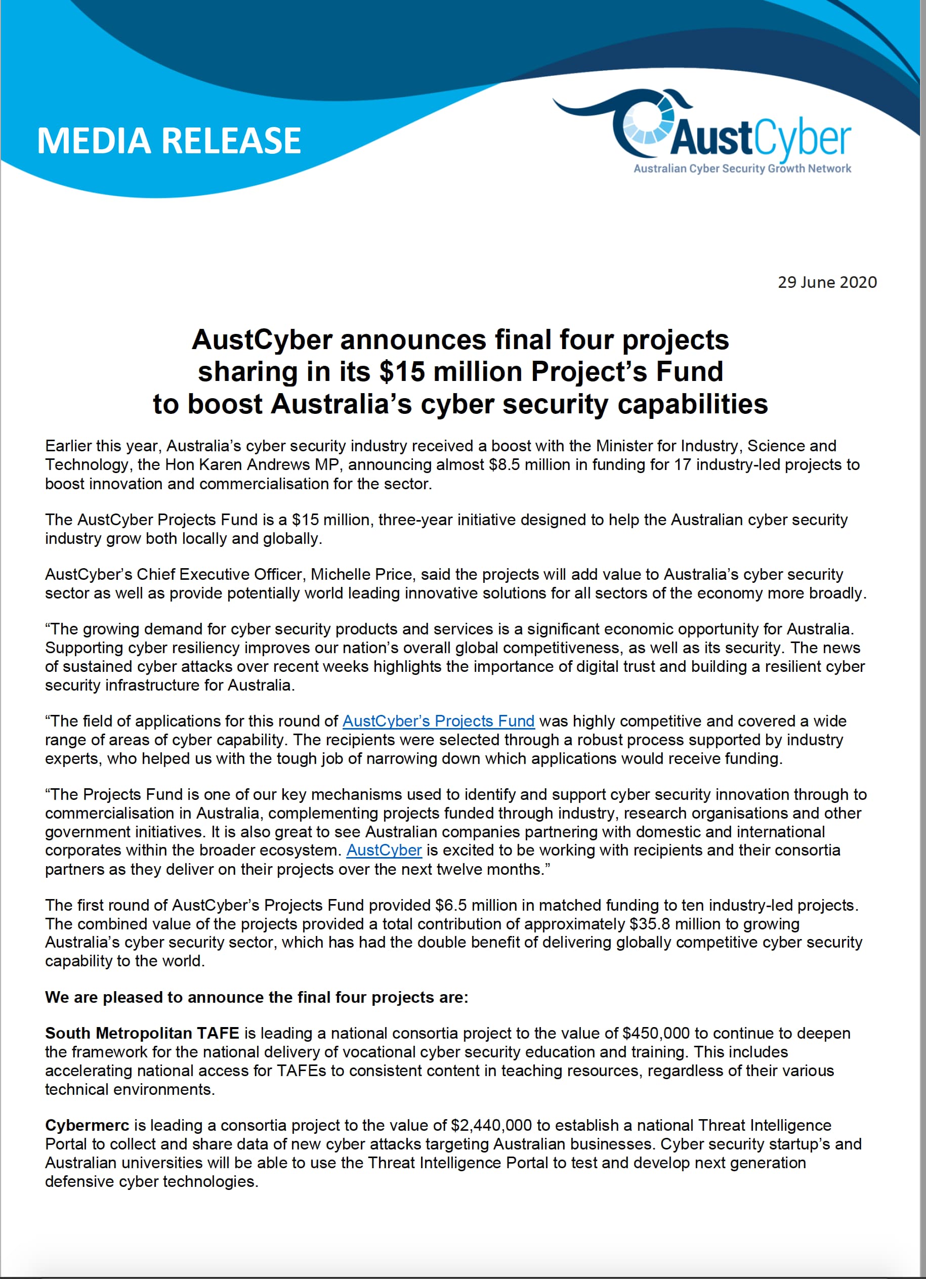 AustCyber's Project Fund Media Release 