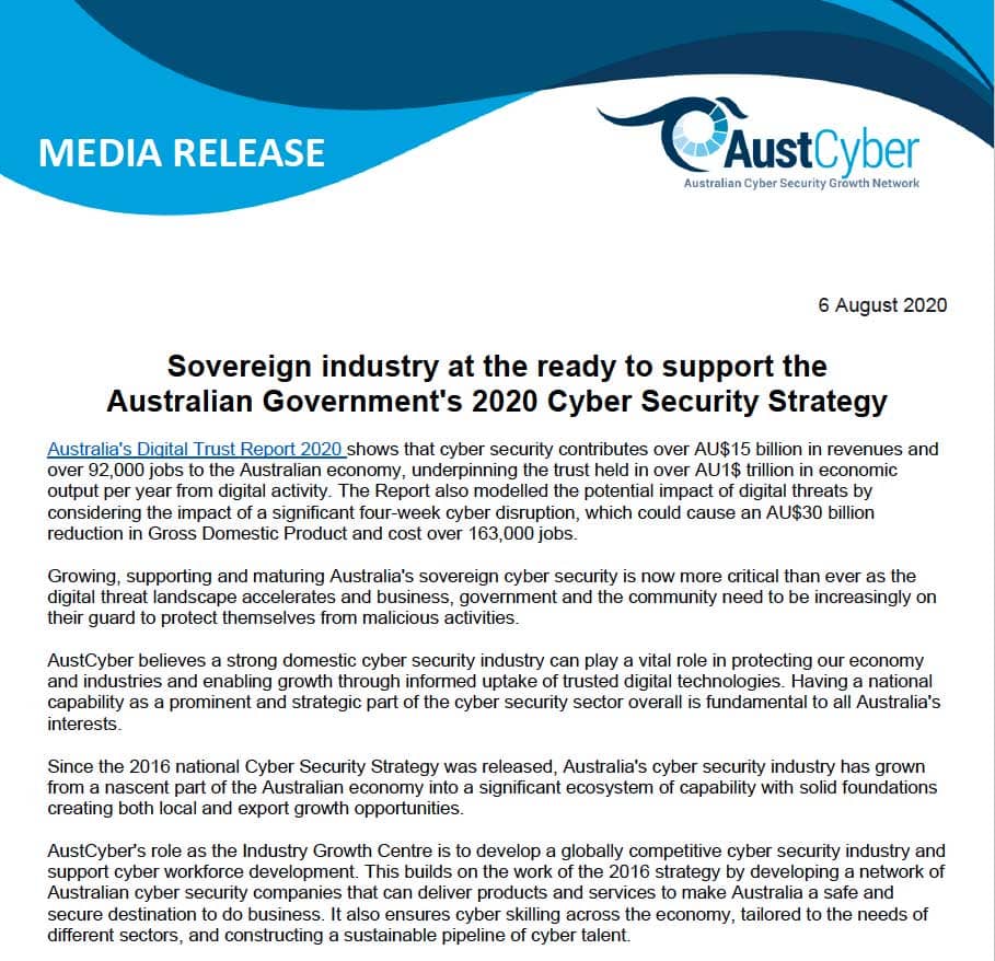 Sovereign industry at the ready to support the Australian Government's 2020 Cyber Security Strategy