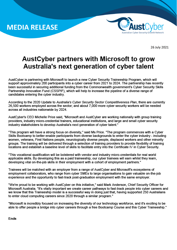 AustCyber partners with Microsoft to grow  Australia's next generation of cyber talent