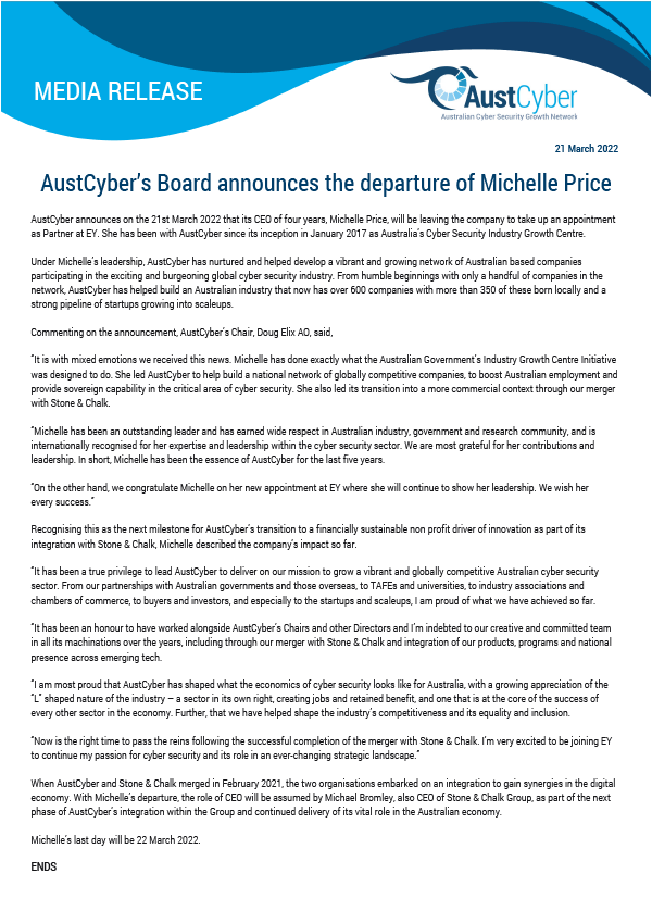 AustCyber’s Board announces the departure of Michelle Price