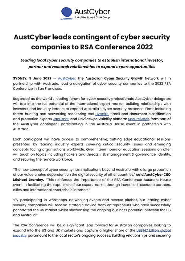AustCyber RSA Conference Media Release